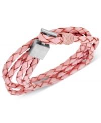 It's a wrap. This trendy, colorful men's wrap bracelet amps up any look with four strands of braided pink leather and a stainless steel clasp. Approximate length: 8-1/4 inches. It's a wrap. This trendy, colorful men's wrap bracelet amps up any look with four strands of braided pink leather and a stainless steel clasp. Approximate length: 8-1/4 inches.