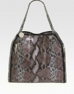 Whip stitched link chains accent this faux python print style.Double chain shoulder straps, 8 dropMagnetic snap closureOne inside zip pocketFully lined14W X 13H X 3DMade in Italy