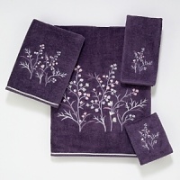 Luxurious sheared velour towel is embellished with a large intricately embroidered silver and lilac botanical motif. Finished with a coordinating silver cord. Luxurious sheared velour towel is embellished with a large intricately embroidered silver and lilac botanical motif. Finished with a coordinating silver cord.