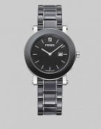 Polished stainless steel case timepiece with highly scratch resistant ceramic layer in classic round style. Swiss movement Water-resistant to 5 ATM Round case, 38mm (1½) Scratch resistant ceramic bezel Sapphire crystal Markers Date display at 3 o'clock Link bracelet, 18mm, (¾) Push-button deployant buckle Made in Switzerland