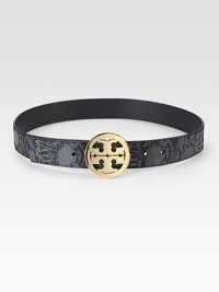 A chic and versatile design with goldtone signature hardware. Snakeskin printed leatherZinc alloy signature buckleWidth, about 1½Made in USA A chic and versatile design with goldtone signature hardware. Snakeskin printed leatherZinc alloy signature buckleWidth, about 1½Made in USA