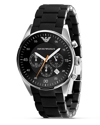 From Emporio Armani, a black chronograph watch with round dial and three eyes. Black silicon wrapped stainless steel bracelet. Sweep secondhand. From Emporio Armani, a black chronograph watch with round dial and three eyes. Black silicon wrapped stainless steel bracelet. Sweep secondhand.