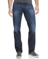 These classic Lincoln straight leg dark wash distressed jeans by Guess Jeans pairs well with anything -from casual to dressy. These jeans can be worn with sandals, kicks, or dress shoes. A must have.