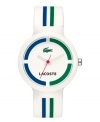 Game, set, match. A charming addition to your Lacoste tennis whites, this unisex Goa watch is crafted of white silicone strap with green and blue stripes and round white plastic case. White dial features green and blue colorblock print, iconic crocodile logo at twelve o'clock, printed text logo at six o'clock, cut-out hour and minute hands and red second hands. Quartz movement. Water resistant to 30 meters. Two-year limited warranty.