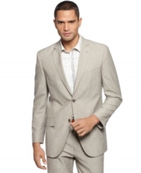 Leave the boardroom and hit the beach in this airy linen sportcoat from Alfani. Leave the boardroom and hit the beach in this airy linen sportcoat from Alfani.
