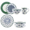 18-pc set includes 4 Costa dinner plates, 4 Castell salad plates, 4 mugs and 4 rice bowls; also includes 1 7.75 round vegetable bowl and 1 Cordoba round platter. Microwave and Dishwasher safe.