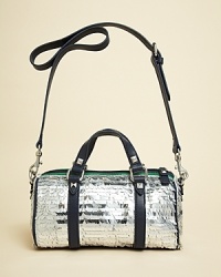 Sequined bag with contrasting handles and adjustable detachable long strap. It features custom studded handles, a charm key ring and an interior zip pocket. Sequined bag with contrasting handles and adjustable detachable long strap. It features custom studded handles, a charm key ring and an interior zip pocket.