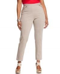 Enjoy the sleek comfort of Alfani's plus size slim leg pants, featuring an elastic waist. Enjoy the sleek comfort of Alfani's plus size slim leg pants, featuring an elastic waist.