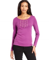 Charter Club's basic long-sleeve tee gets revamped with studded ribbon embellishment. Pair it with jeans for a fun take on weekend wear. Charter Club's basic long-sleeve tee gets revamped with studded ribbon embellishment. Pair it with jeans for a fun take on weekend wear.
