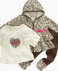 Let her inner-fashionista loose with this exotic shirt, pant and hoodie 3-piece set from Nannette. Let her inner-fashionista loose with this exotic shirt, pant and hoodie 3-piece set from Nannette.