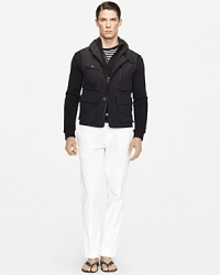 Crafted in a trim, contemporary silhouette from lightweight cotton-nylon blend, the Naval utility jacket lends modern edge to any ensemble with moto-inspired detailing. Crafted in a trim, contemporary silhouette from lightweight cotton-nylon blend, the Naval utility jacket lends modern edge to any ensemble with moto-inspired detailing.