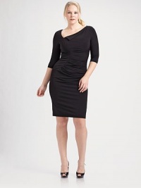 A seductive stretch silhouette with asymmetrical neckline, three-quarter sleeves and figure-flattering shirring.Concealed back zip About 25 from natural waist 92% polyester/8% spandex Dry clean Made in USA A seductive stretch silhouette with asymmetrical neckline, three-quarter sleeves and figure-flattering shirring.Concealed back zip About 25 from natural waist 92% polyester/8% spandex Dry clean Made in USA