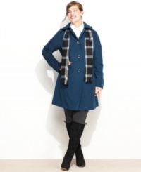 Be ready (and stylish) whatever the weather with London Fog's plus size raincoat. The streamlined silhouette and a coordinating plaid scarf give this topper plenty of flair. Be ready (and stylish) whatever the weather with London Fog's plus size raincoat. The streamlined silhouette and a coordinating plaid scarf give this topper plenty of flair.