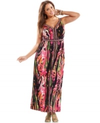 Be bold and beautiful in Calvin Klein's sleeveless plus size maxi dress, broadcasting a vivacious print! Be bold and beautiful in Calvin Klein's sleeveless plus size maxi dress, broadcasting a vivacious print!