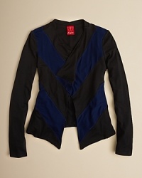 This flowing cardigan wrap looks sharp with wide chevron stripe accents. This flowing cardigan wrap looks sharp with wide chevron stripe accents.