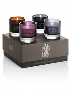 Let the scents of firefly embers, relaxing yuan zhi, re-charge black pepper and imp's whisper piccolo candelas illuminate your world. Set includes: 4 candles. Burn time: About 8 hours per candle. Made in England.