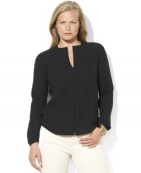 Lauren Ralph Lauren's long-sleeved plus size blouse in a breezy silhouette is accented with a flirty keyhole opening at the front and finished with a hidden placket for a modern update to a wardrobe must-have. Lauren Ralph Lauren's long-sleeved plus size blouse in a breezy silhouette is accented with a flirty keyhole opening at the front and finished with a hidden placket for a modern update to a wardrobe must-have.