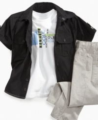 Breezy. This crisp t-shirt, button-front shirt and pants set from Kenneth Cole is a simple and stylish look. Breezy. This crisp t-shirt, button-front shirt and pants set from Kenneth Cole is a simple and stylish look.