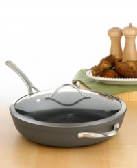 An all-around pan ideal for everything from scrambling eggs to searing steaks, this covered fry pan combines a fast heating hard-anodized exterior with multiple coats of a nonstick formula that allows you to cook with little to no oil or fat. Lifetime warranty. An all-around pan ideal for everything from scrambling eggs to searing steaks, this covered fry pan combines a fast heating hard-anodized exterior with multiple coats of a nonstick formula that allows you to cook with little to no oil or fat. Lifetime warranty.