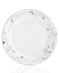 Wildflowers take off on glazed white porcelain, sparkling as they tumble aimlessly around these Platinum Silhouette Round dinner plates from Charter Club dinnerware. The dishes have a banded edge that adds a classic touch to a pattern with modern spirit. Wildflowers take off on glazed white porcelain, sparkling as they tumble aimlessly around these Platinum Silhouette Round dinner plates from Charter Club dinnerware. The dishes have a banded edge that adds a classic touch to a pattern with modern spirit.