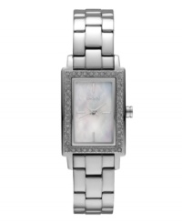Small touches speak volumes. Add sophistication with this watch by DKNY. Stainless steel bracelet and rectangular case. Bezel embellished with crystal accents. Mother-of-pearl dial features applied silver tone stick indices at twelve, three, six and nine o'clock. three hands and logo. Quartz movement. Water resistant to 30 meters. Two-year limited warranty. Small touches speak volumes. Add sophistication with this watch by DKNY. Stainless steel bracelet and rectangular case. Bezel embellished with crystal accents. Mother-of-pearl dial features applied silver tone stick indices at twelve, three, six and nine o'clock. three hands and logo. Quartz movement. Water resistant to 30 meters. Two-year limited warranty.