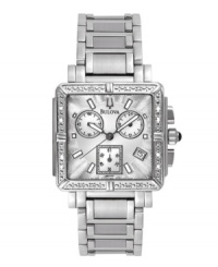 A versatile timepiece that's perfect for every occasion. Stainless steel bracelet and round case. Silvertone chronograph dial features 16 diamond accents, stick indices, date window, three subdials and three hands. Quartz movement. Water resistant to 30 meters. Three-year limited warranty. A versatile timepiece that's perfect for every occasion. Stainless steel bracelet and round case. Silvertone chronograph dial features 16 diamond accents, stick indices, date window, three subdials and three hands. Quartz movement. Water resistant to 30 meters. Three-year limited warranty.