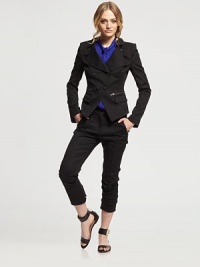 Sleek and sexy fitted jacket with edgy pockets is a wardrobe essential. Notch collarDouble-breasted button closureLong sleevesSlash zip and front flap pocketsBack ventFully linedAbout 24½ from shoulder to hem52% cotton/44% polyester/4% spandexDry cleanImportedModel shown is 5'9½ (176cm) wearing US size 4. Sleek and sexy fitted jacket with edgy pockets is a wardrobe essential. Notch collarDouble-breasted button closureLong sleevesSlash zip and front flap pocketsBack ventFully linedAbout 24½ from shoulder to hem52% cotton/44% polyester/4% spandexDry cleanImportedModel shown is 5'9½ (176cm) wearing US size 4.
