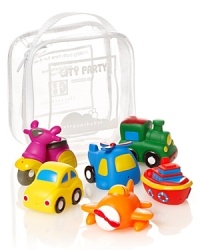 Featuring trains, planes and automobiles, these bath squirties will have your city baby giggling and splashing. Featuring trains, planes and automobiles, these bath squirties will have your city baby giggling and splashing.