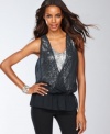 Two special fabrics -- sequins and chiffon -- combine in this unique top from INC. Paired with slim skirts or tuxedo pants, it creates a party-ready look.