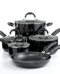 Keep your cool when cooking! This comprehensive set brings nonstick technology to the helm of your kitchen, creating delicious healthy meals made with less fat and oil. The porcelain-enameled body of each piece promotes quick and even heating that produces masterful results each and every time. Limited lifetime warranty. Keep your cool when cooking! This comprehensive set brings nonstick technology to the helm of your kitchen, creating delicious healthy meals made with less fat and oil. The porcelain-enameled body of each piece promotes quick and even heating that produces masterful results each and every time. Limited lifetime warranty.