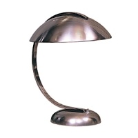 Architectural with modern lines, this desk lamp has a Hi-Lo dimming switch. Brushed chrome over metal. Metal shade. Architectural with modern lines, this desk lamp has a Hi-Lo dimming switch. Brushed chrome over metal. Metal shade.