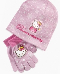 Special as a snowflake. This cold weather hat and gloves set from Hello Kitty keeps her cute and cozy this winter. Special as a snowflake. This cold weather hat and gloves set from Hello Kitty keeps her cute and cozy this winter.