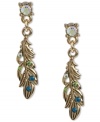 Take off with Betsey Johnson! These golden feather earrings incorporate blue and green-hued crystal accents and a clear crystal at the post. Crafted in antiqued gold tone mixed metal. Approximate drop: 1-1/2 inches.