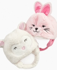 With a fuzzy bunny or a lovely lamb, keep them toasty and warm in the fleecy comfort of these hats from First Impressions. With a fuzzy bunny or a lovely lamb, keep them toasty and warm in the fleecy comfort of these hats from First Impressions.