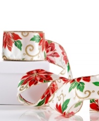 Tie everything together with beautiful poinsettia ribbon dusted with glitter and gold. A wired edge keeps bows tied and your tree, wreath and gifts primed for the entire holiday season. Tie everything together with beautiful poinsettia ribbon dusted with glitter and gold. A wired edge keeps bows tied and your tree, wreath and gifts primed for the entire holiday season.