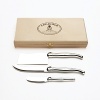 Classic trio of cheese servers includes 4.5 fork-tipped knife, 4 cleaver and 2.75 spreader. Stainless steel handles and blades. Wooden gift box.