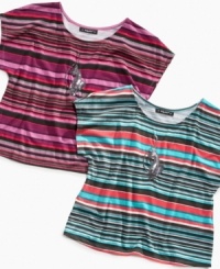 She can show off her stripes with this tee from Baby Phat, a breezy style that makes it a perfect summer style or a cute way to layer for fall. She can show off her stripes with this tee from Baby Phat, a breezy style that makes it a perfect summer style or a cute way to layer for fall.