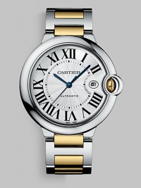 Elegant automatic timepiece in steel with 18k yellow gold accents. Round face Case, 42mm X 13mm, 1.65 X 0.51 Roman numeral markers Date display Second hand Band width, 20mm, 0.79 Made in Switzerland Elegant automatic timepiece in steel with 18k yellow gold accents. Round face Case, 42mm X 13mm, 1.65 X 0.51 Roman numeral markers Date display Second hand Band width, 20mm, 0.79 Made in Switzerland