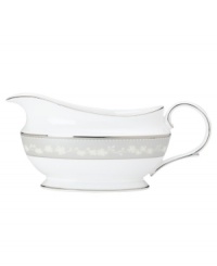 To entertain with grace and style look no further than this Bellina sauce boat from Lenox's dinnerware and dishes collection. Elegant bone china with a delicate floral design and textured white beads is finished with platinum trim. Sauce boat shown right. To entertain with grace and style look no further than this Bellina sauce boat from Lenox's dinnerware and dishes collection. Elegant bone china with a delicate floral design and textured white beads is finished with platinum trim. Sauce boat shown right.