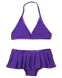 This vibrant halter-strap bikini from Aqua positively shimmers when the sequin trim sparkles in the bright sunlight. This vibrant halter-strap bikini from Aqua positively shimmers when the sequin trim sparkles in the bright sunlight.
