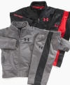 He'll be rocking it retro style in this classic and cool Under Armour track jacket and pants set.