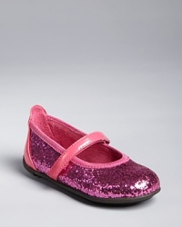Put a sparkle in her step with these sparkly faux patent leather ballerina flats. With a small heel and a velcro strap, they're comfortable, and they'll stay on her feet. Put a sparkle in her step with these sparkly faux patent leather ballerina flats. With a small heel and a velcro strap, they're comfortable, and they'll stay on her feet.