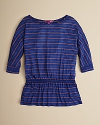 A fun multi stripe and gathered waist accent this knit top. A fun multi stripe and gathered waist accent this knit top.