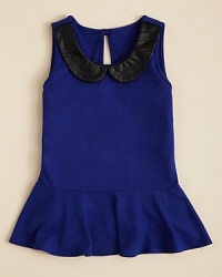 A faux leather Peter Pan collar frames this cute peplum top. The lightweight body gathers at the waist and ruffles over the hips. A faux leather Peter Pan collar frames this cute peplum top. The lightweight body gathers at the waist and ruffles over the hips.