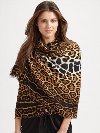 Lightweight and luxurious wool/cashmere knit finished with an oversized leopard print with eyelash fringe trim. About 55 x 71 70% virgin wool/30% cashmere Dry clean Made in Italy Lightweight and luxurious wool/cashmere knit finished with an oversized leopard print with eyelash fringe trim. About 55 x 71 70% virgin wool/30% cashmere Dry clean Made in Italy
