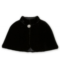 Adorable faux fur capelet with jewel front button closure by BCX. Adorable faux fur capelet with jewel front button closure by BCX.