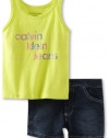 Calvin Klein Girls 2-6X Tee With Denim Short, Green, 3T
