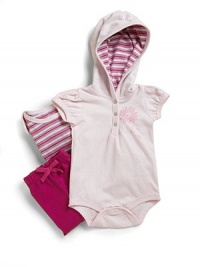 THE LOOKHooded bodysuit with striped lining Cap sleeves Partial snap placket Snap bottom Floral print on the chest Striped bodysuit with ruffled short sleeves and snap bottom Elastic waistband pants with center bowTHE MATERIALCottonCARE & ORIGINMachine wash Imported THE LOOKHooded bodysuit with striped lining Cap sleeves Partial snap placket Snap bottom Floral print on the chest Striped bodysuit with ruffled short sleeves and snap bottom Elastic waistband pants with center bowTHE MATERIALCottonCARE & ORIGINMachine wash Imported