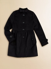 Elegantly tailored to complement her prettiest party dress, this shapely coat in a luxurious blend of wool and cashmere has true grown-up style.Stand collar with bowSeamed bodiceEmpire waistLong sleeves with button tabsBig front buttonsGently gathered skirtAngled button pocketsBack inverted pleat and half beltCheck liningWool/cashmereDry cleanImported Please note: Number of buttons may vary depending on size ordered. Elegantly tailored to complement her prettiest party dress, this shapely coat in a luxurious blend of wool and cashmere has true grown-up style.Stand collar with bowSeamed bodiceEmpire waistLong sleeves with button tabsBig front buttonsGently gathered skirtAngled button pocketsBack inverted pleat and half beltCheck liningWool/cashmereDry cleanImported Please note: Number of buttons may vary depending on size ordered.