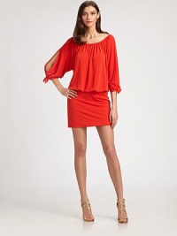 Alluring split shoulders and a blouson bodice dress up this easy-to-wear design.Scoopneck with gathered detailsSplit shouldersThree-quarter sleeves with tie cuffsBlouson bodiceFitted skirtAbout 16 from natural waist68% acetate/27% polyester/5% spandexDry cleanMade in USA of imported fabricModel shown is 5'11 (180cm) wearing US size 4. Alluring split shoulders and a blouson bodice dress up this easy-to-wear design.Scoopneck with gathered detailsSplit shouldersThree-quarter sleeves with tie cuffsBlouson bodiceFitted skirtAbout 16 from natural waist68% acetate/27% polyester/5% spandexDry cleanMade in USA of imported fabricModel shown is 5'11 (180cm) wearing US size 4.